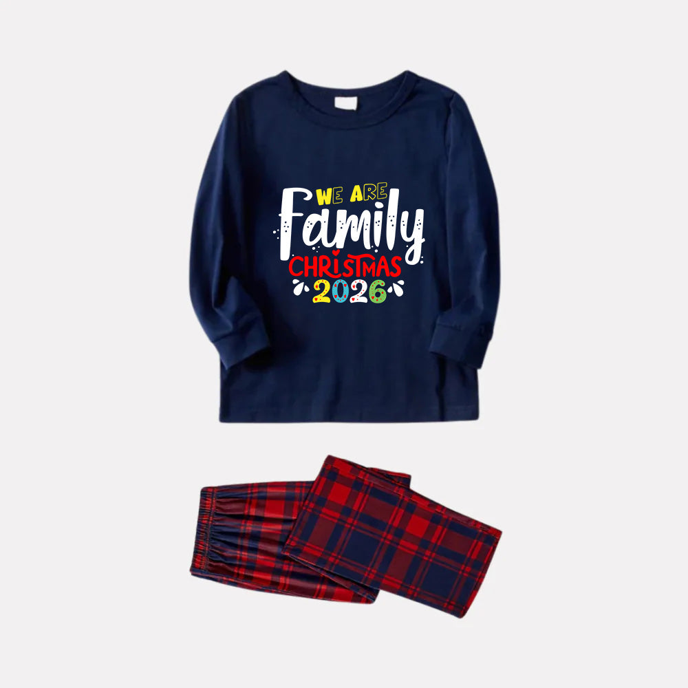 Christmas Family Matching Pajamas-Navy & Red Plaid Pjs Set with "We Are Family Christmas 2026" Colorful Slogan Print