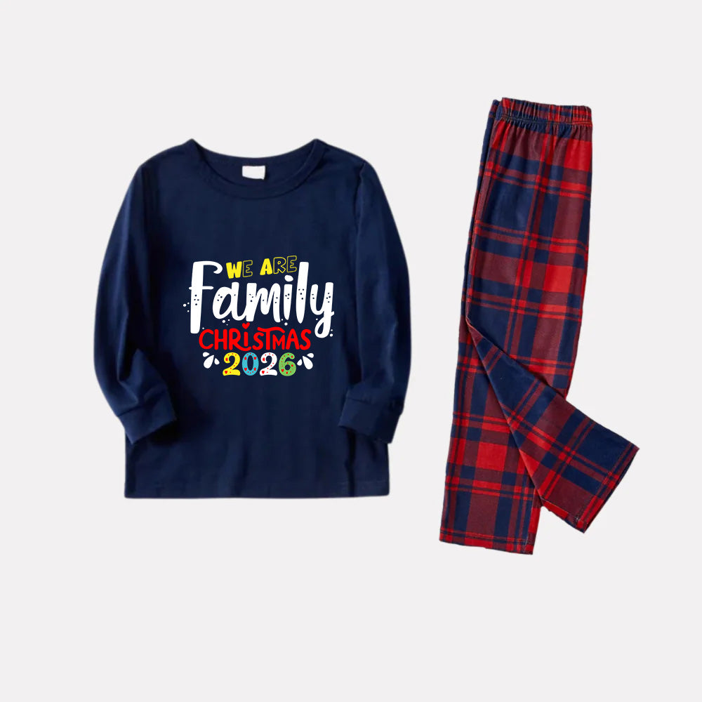 Christmas Family Matching Pajamas-Navy & Red Plaid Pjs Set with "We Are Family Christmas 2026" Colorful Slogan Print