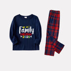 Christmas Family Matching Pajamas-Navy & Red Plaid Pjs Set with "We Are Family Christmas 2026" Colorful Slogan Print