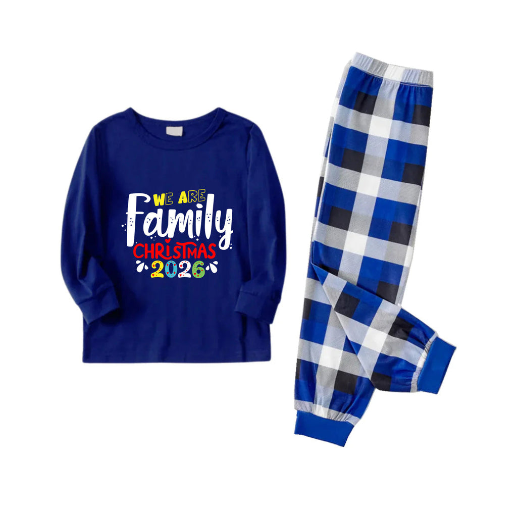 Christmas Family Matching Pajamas-Navy & White Plaid Pjs Set with "We Are Family Christmas 2026" Colorful Text Print