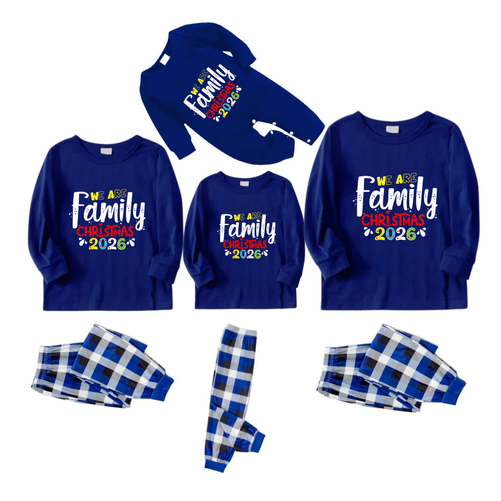 Christmas Family Matching Pajamas-Navy & White Plaid Pjs Set with "We Are Family Christmas 2026" Colorful Text Print
