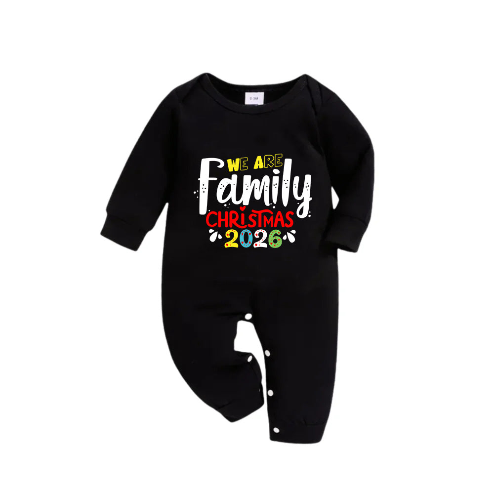 Christmas Family Matching Pajamas-Black Top and Green Plaid Pants Pjs Set with "We Are Family Christmas 2026" Artistic Font Print