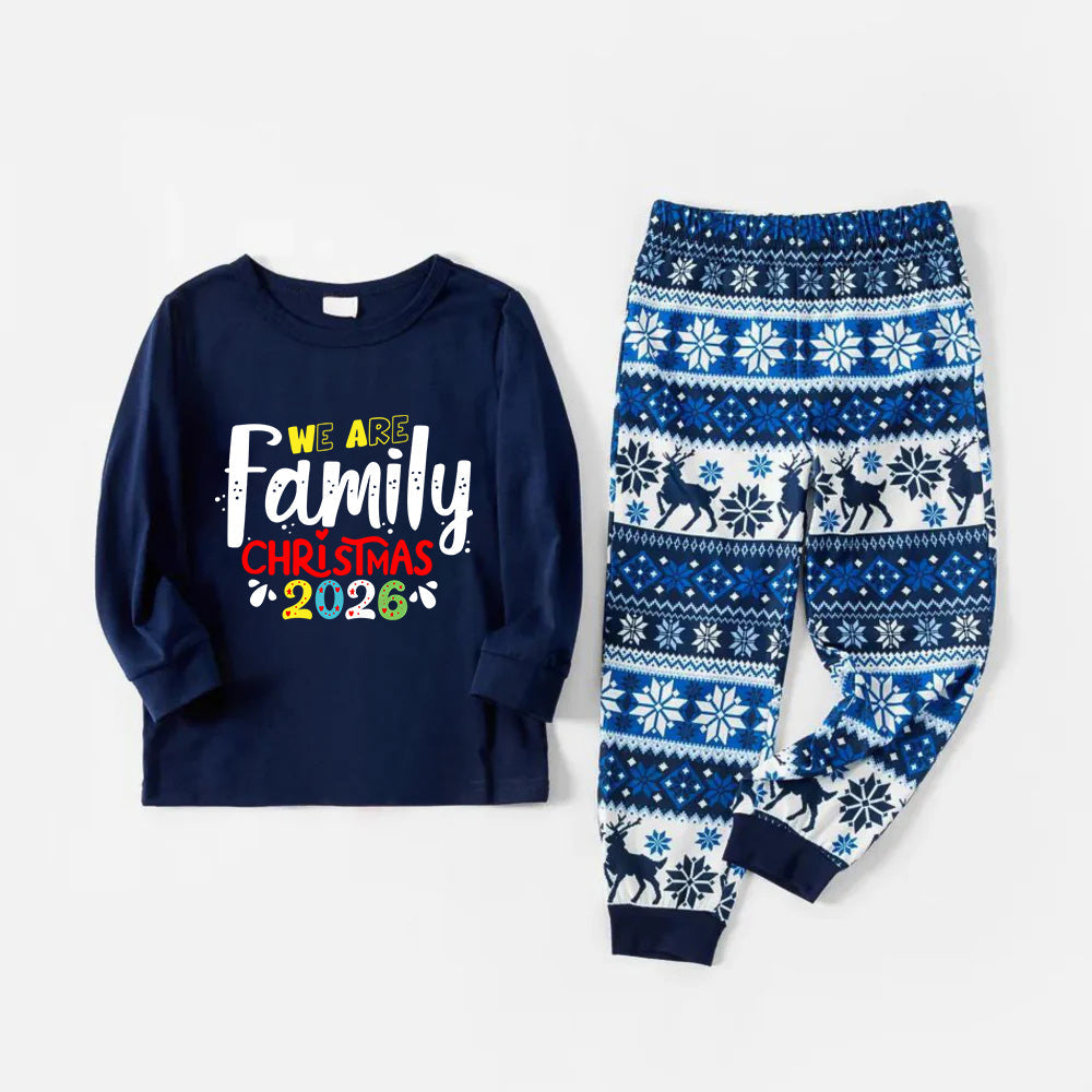 Joyful Blue Christmas Pajamas Set with Christmas Text Patterns