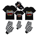 Black and White Plaid Short Sleeve Christmas Pajamas Set with Christmas Text Patterns
