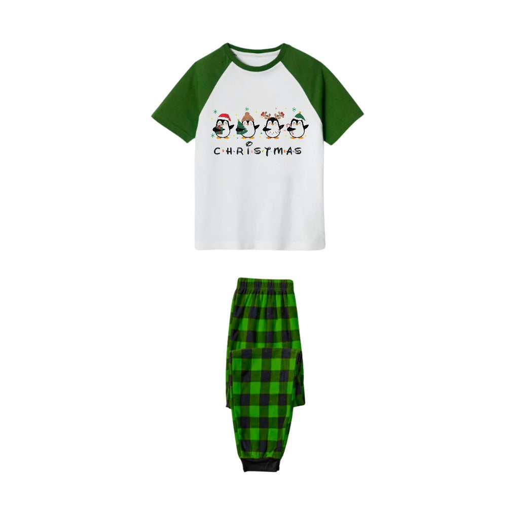 White Top Green Sleeves Green Plaid Pants Pajamas Set With Christmas Penguin Print