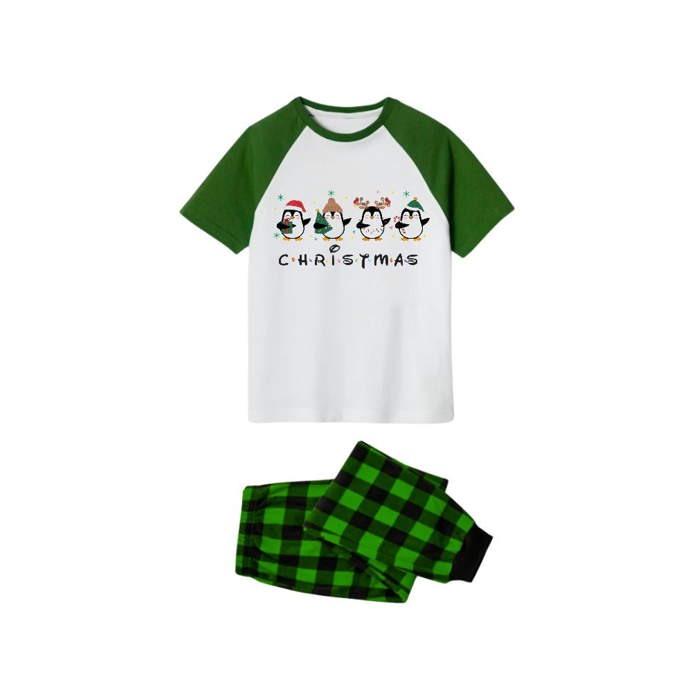 White Top Green Sleeves Green Plaid Pants Pajamas Set With Christmas Penguin Print