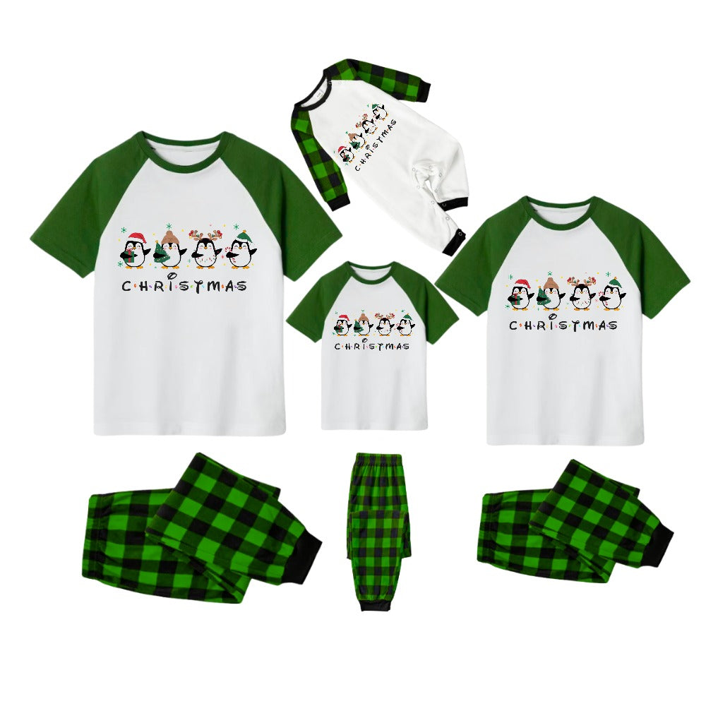 White Top Green Sleeves Green Plaid Pants Pajamas Set With Christmas Penguin Print