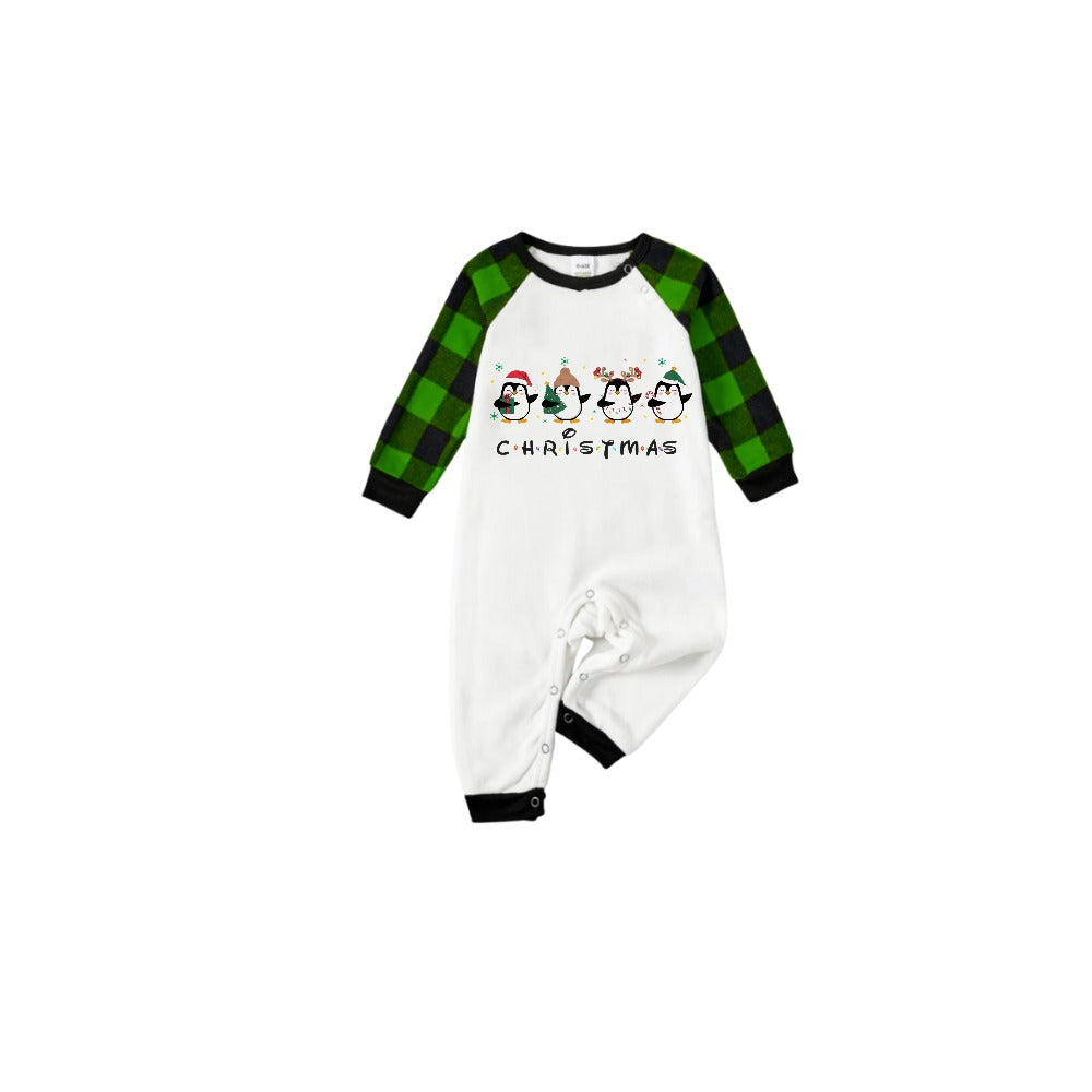 White Top Green Sleeves Green Plaid Pants Pajamas Set With Christmas Penguin Print