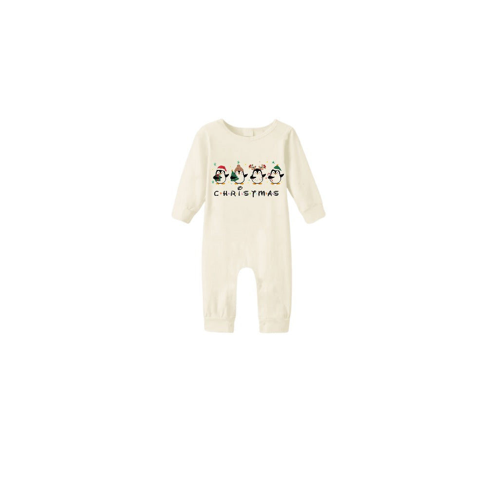 Beige Christmas Pattern Print Christmas Pajamas Set With Penguin and "Christmas" Print