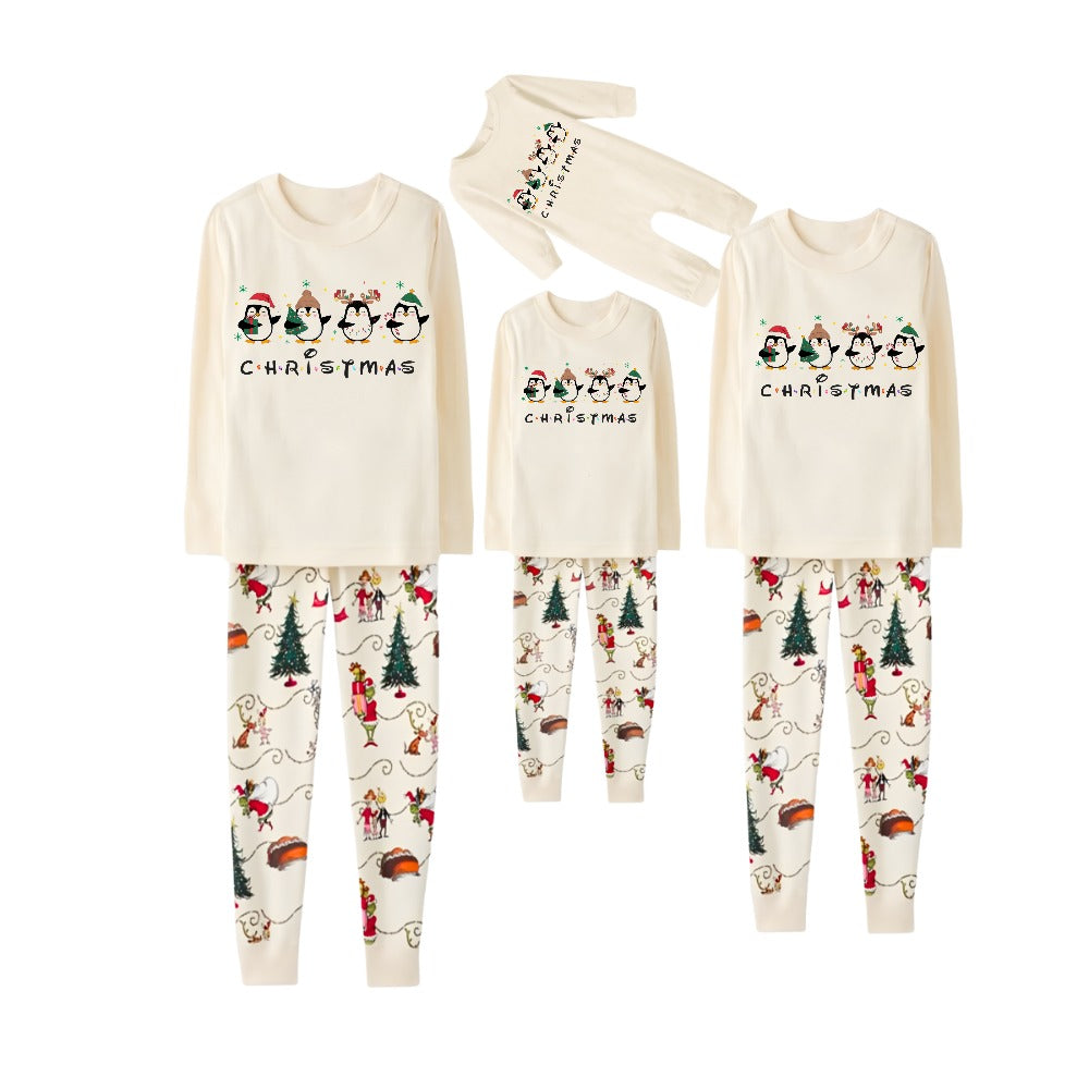 Beige Christmas Pattern Print Christmas Pajamas Set With Penguin and "Christmas" Print