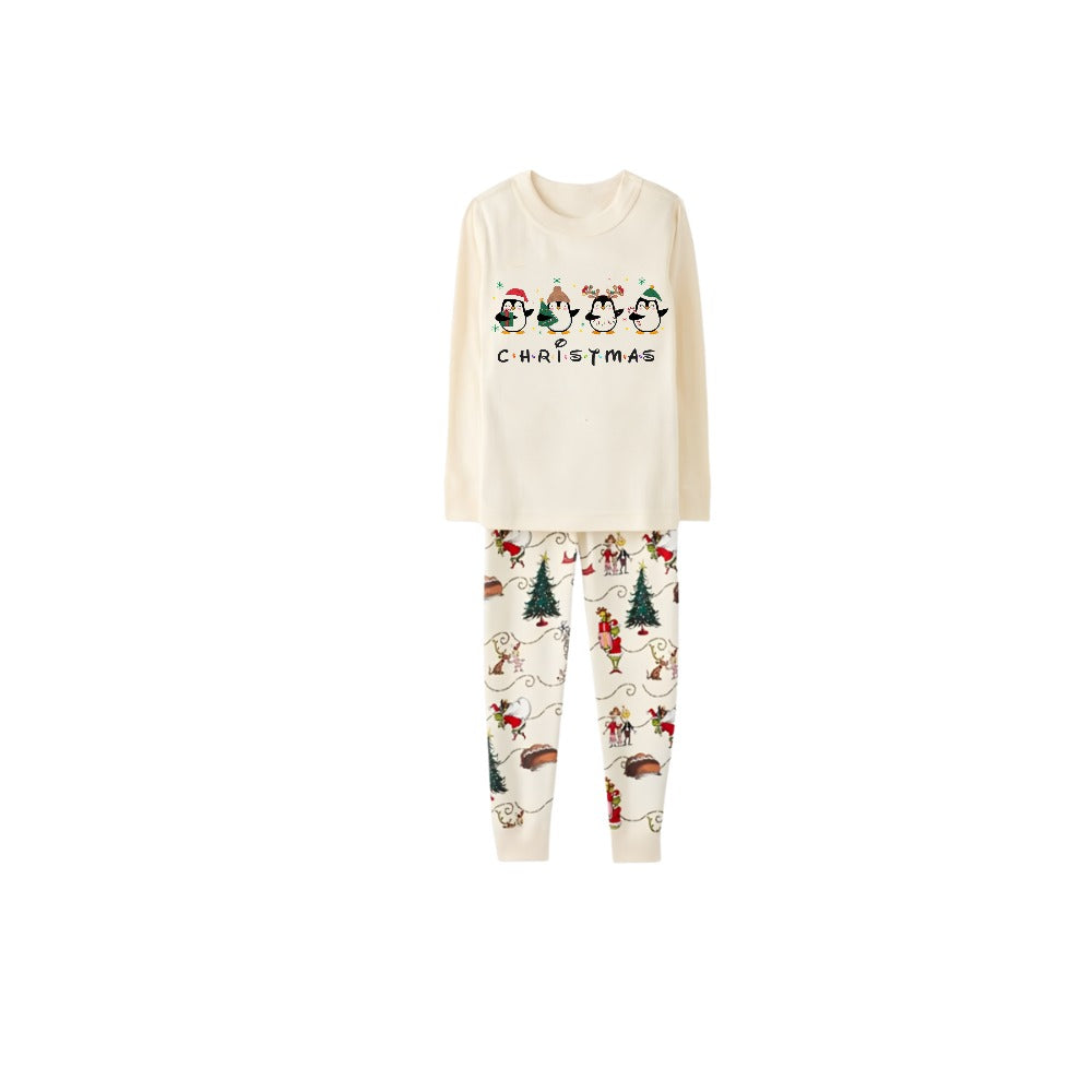 Beige Christmas Pattern Print Christmas Pajamas Set With Penguin and "Christmas" Print