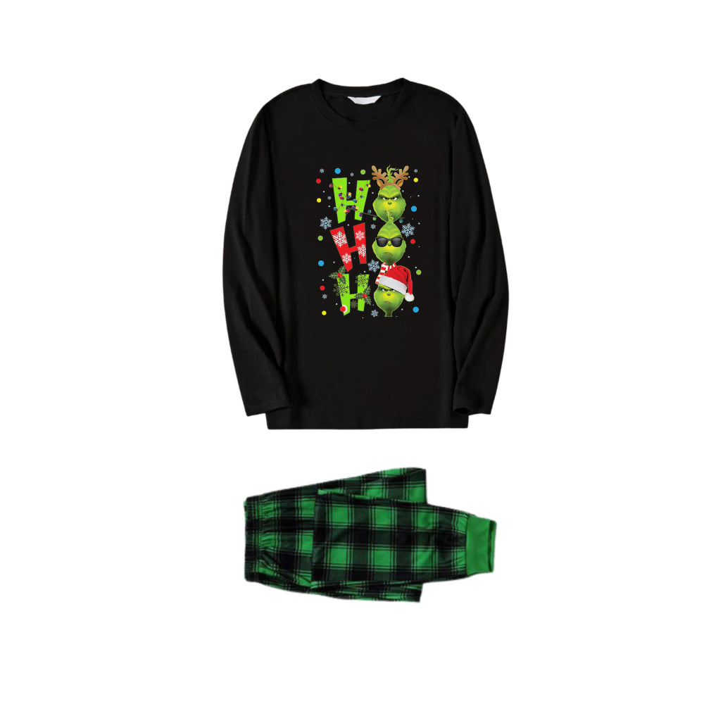 Christmas Family Matching Pajamas-Black Top and Green Plaid Pants Pjs Set with Grinch and "HO HO HO" Print
