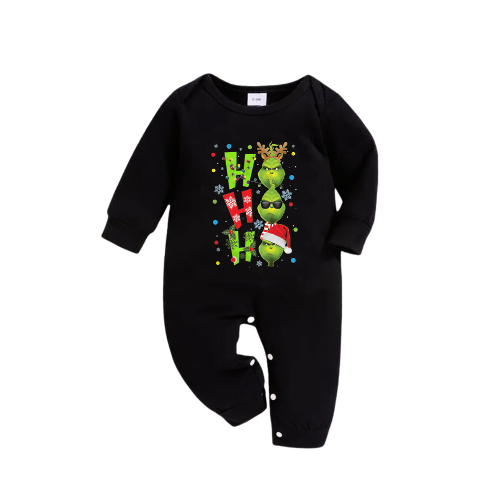 Christmas Family Matching Pajamas-Black Top and Green Plaid Pants Pjs Set with Grinch and "HO HO HO" Print