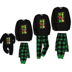 Christmas Family Matching Pajamas-Black Top and Green Plaid Pants Pjs Set with Grinch and "HO HO HO" Print