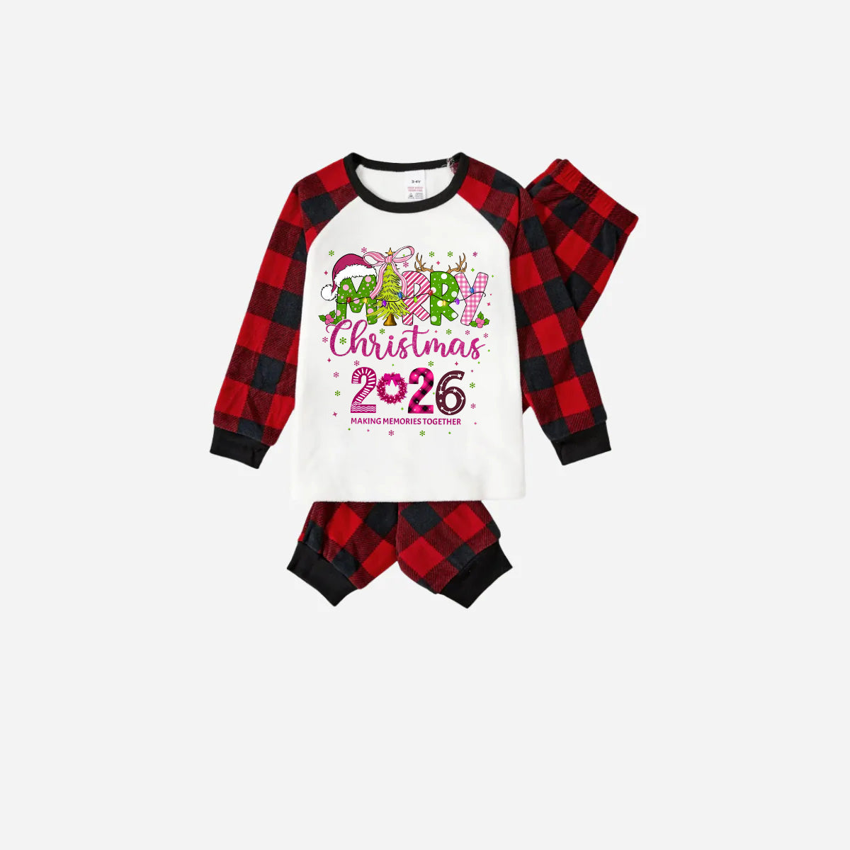 Merry Christmas 2026 Family Christmas Pajamas Set - White Top with Red Plaid Pants