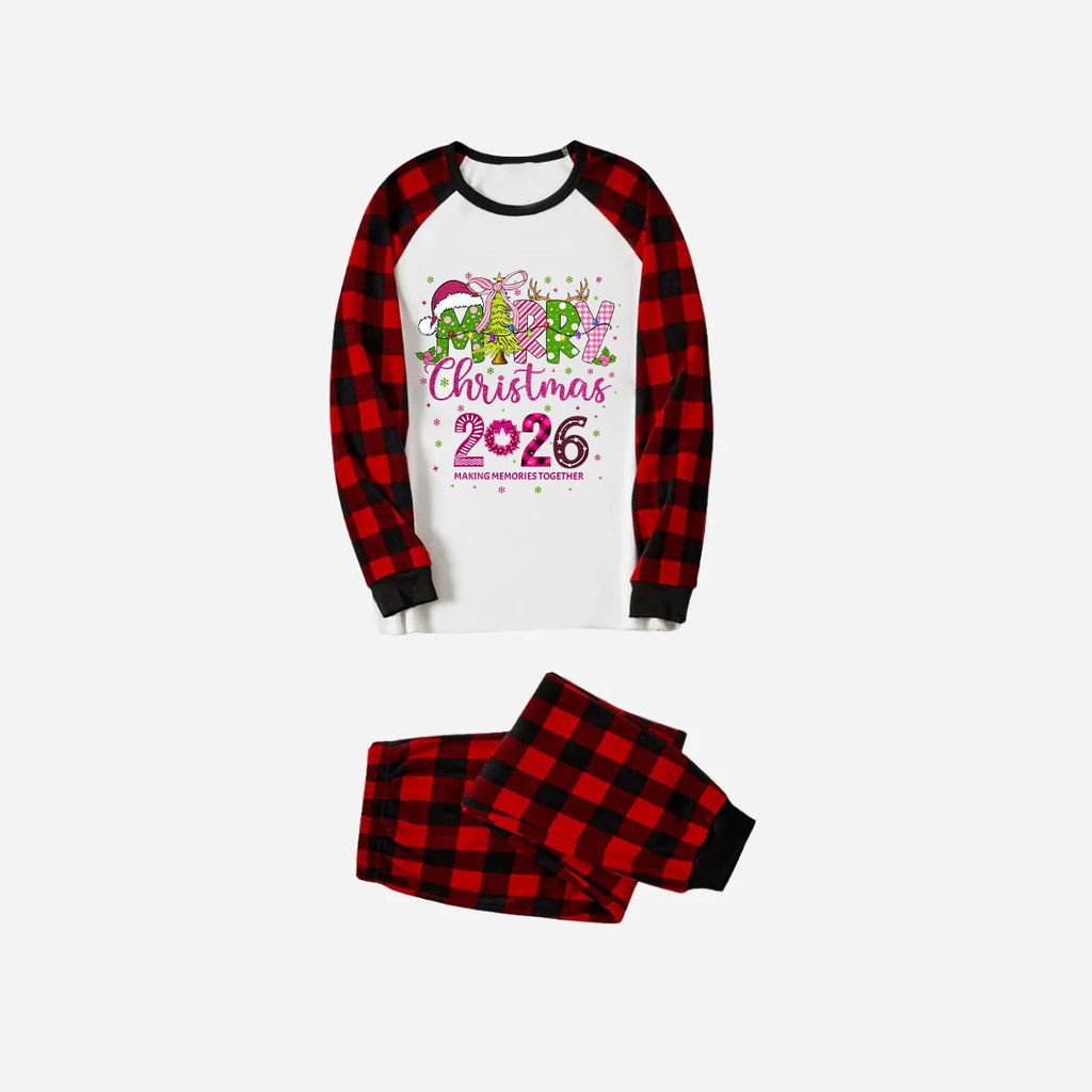 Merry Christmas 2026 Family Christmas Pajamas Set - White Top with Red Plaid Pants