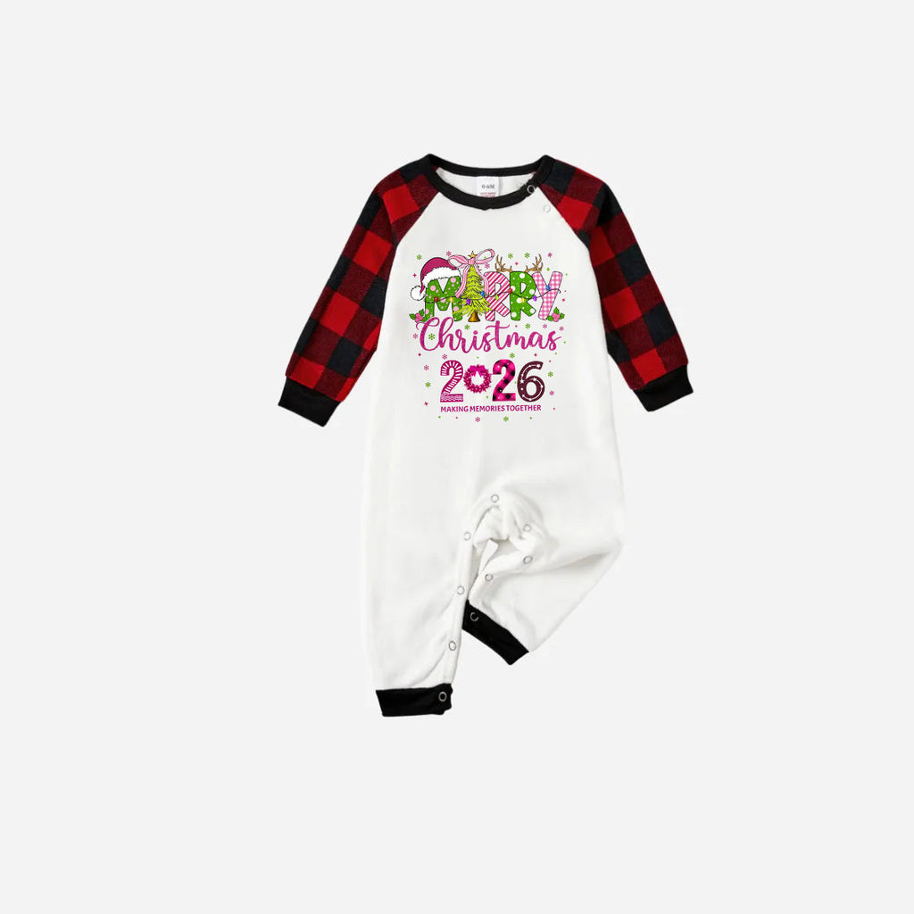 Merry Christmas 2026 Family Christmas Pajamas Set - White Top with Red Plaid Pants