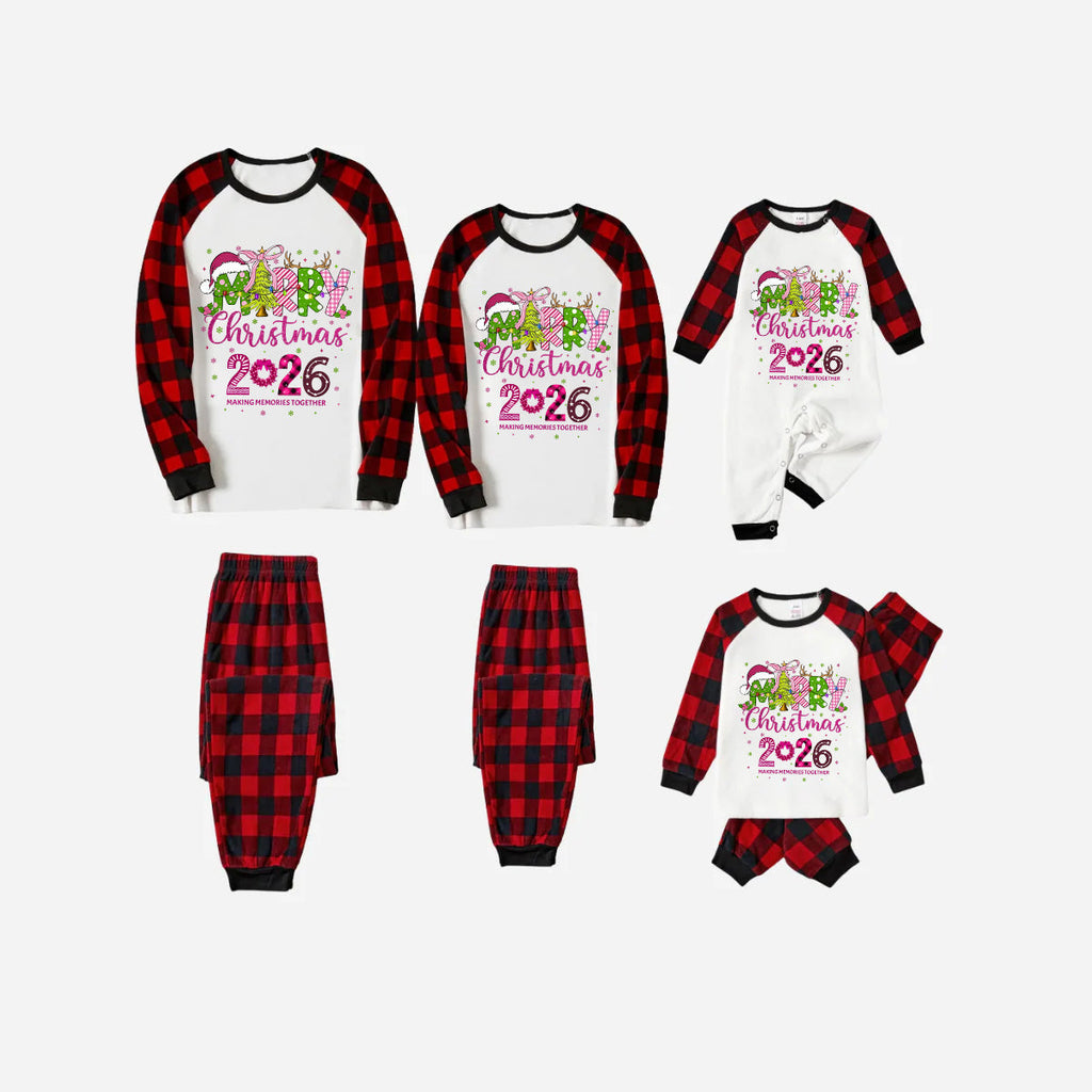Merry Christmas 2026 Family Christmas Pajamas Set - White Top with Red Plaid Pants