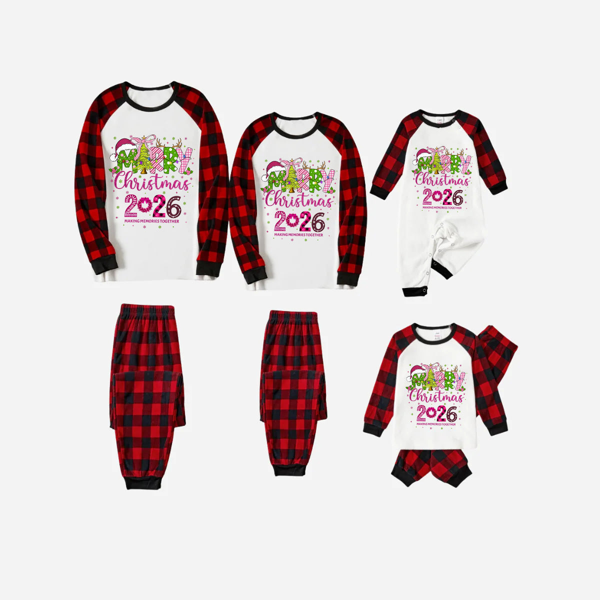 Merry Christmas 2026 Family Christmas Pajamas Set - White Top with Red Plaid Pants