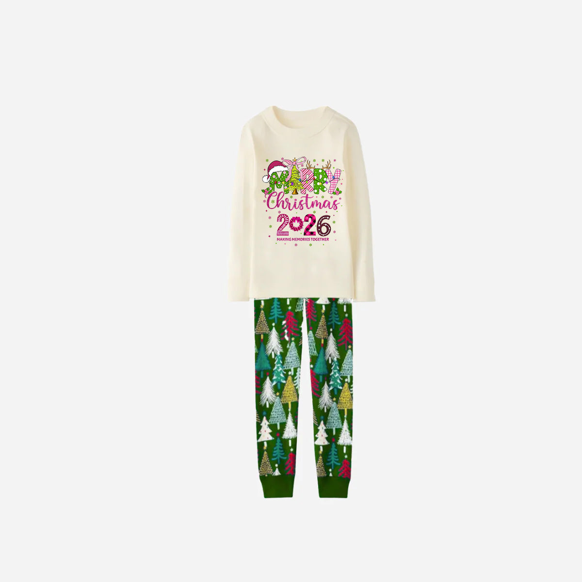 Merry Christmas 2026 Family Christmas Pajamas Set - White Top with Christmas Tree Printed Pants