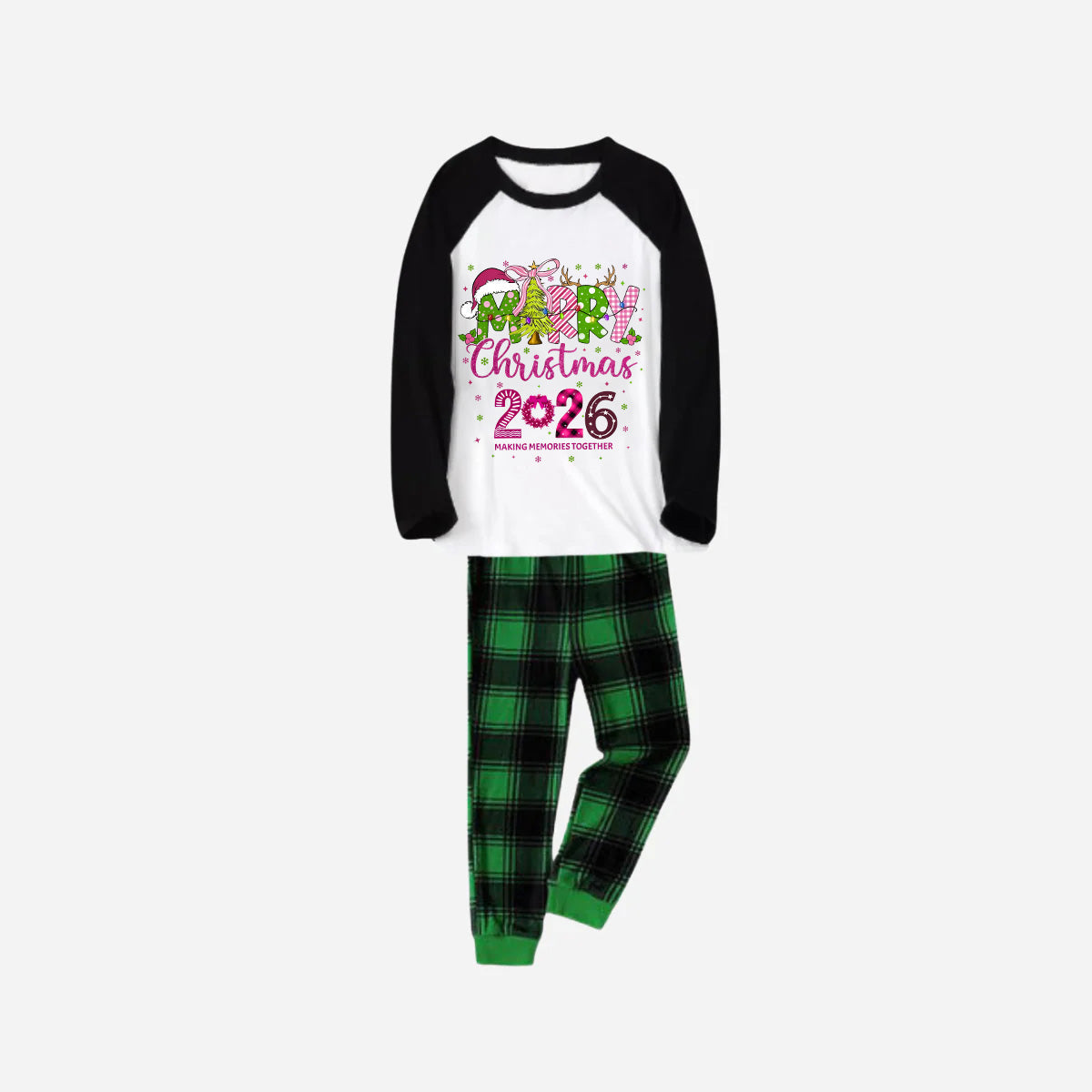 Merry Christmas 2026 Family Christmas Pajamas Set - Black and White Top with Green Plaid Pants