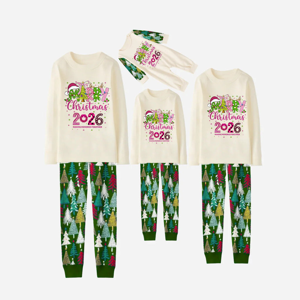 Merry Christmas 2026 Family Christmas Pajamas Set - White Top with Christmas Tree Printed Pants