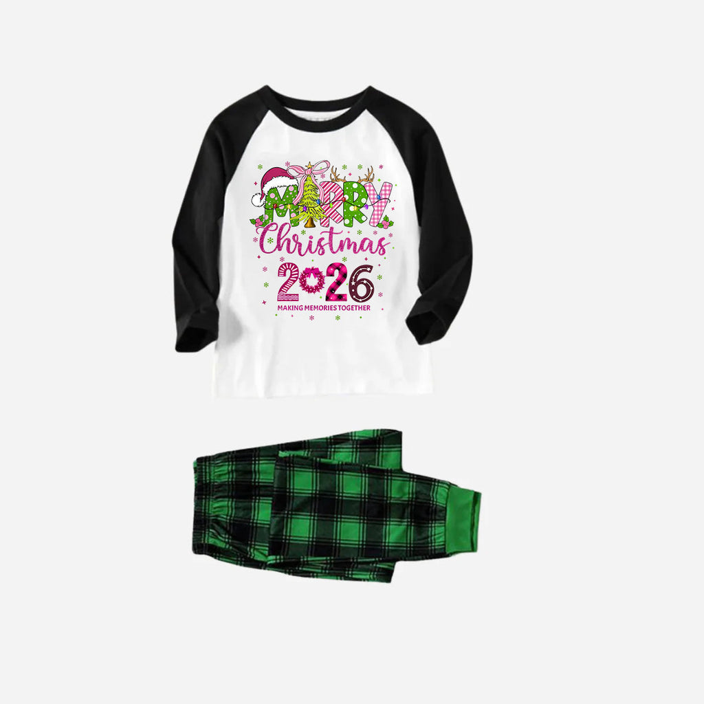 Merry Christmas 2026 Family Christmas Pajamas Set - Black and White Top with Green Plaid Pants