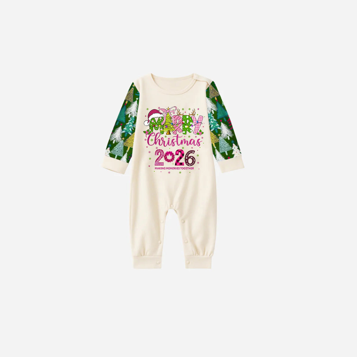 Merry Christmas 2026 Family Christmas Pajamas Set - White Top with Christmas Tree Printed Pants