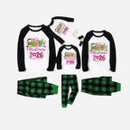 Merry Christmas 2026 Family Christmas Pajamas Set - Black and White Top with Green Plaid Pants