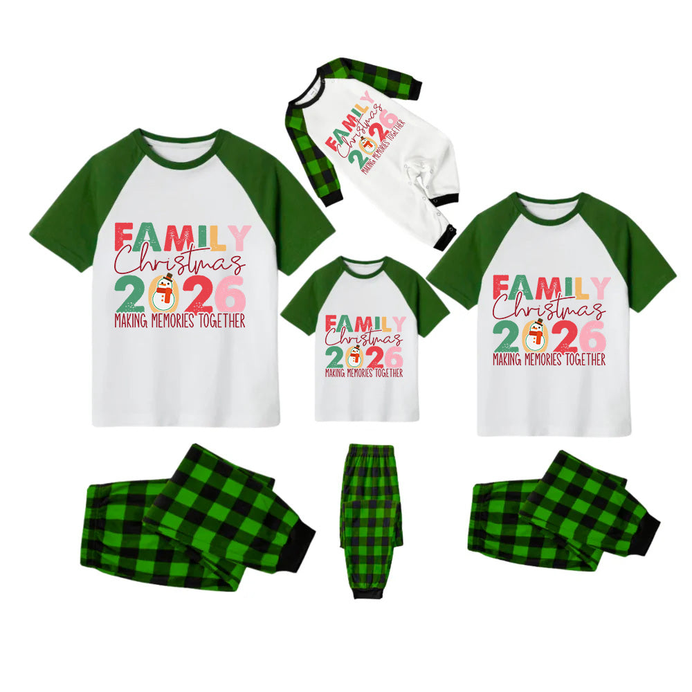 White Top Green Sleeves Green Plaid Pants Pajamas Set With Colorful Christmas Slogan Print
