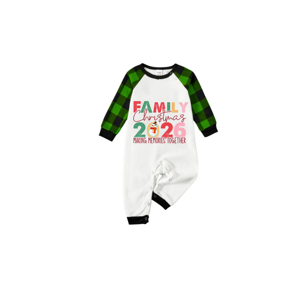 White Top Green Sleeves Green Plaid Pants Pajamas Set With Colorful Christmas Slogan Print