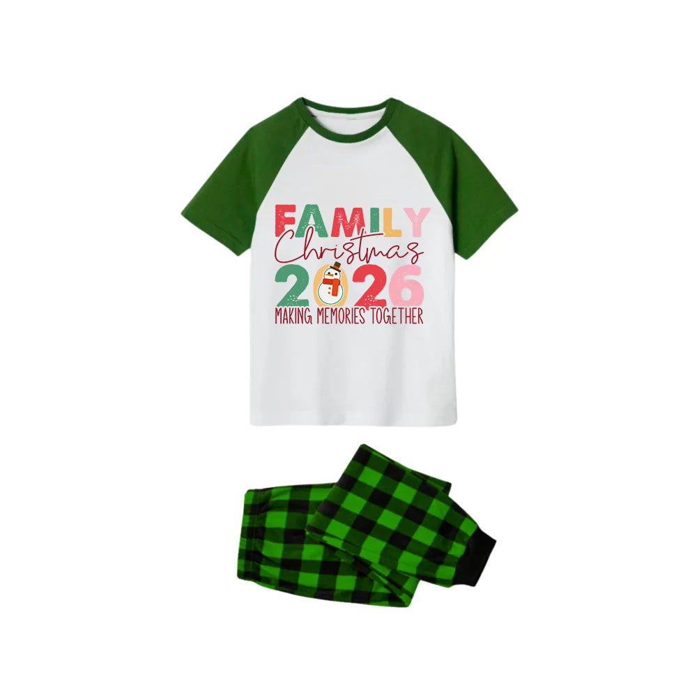 White Top Green Sleeves Green Plaid Pants Pajamas Set With Colorful Christmas Slogan Print