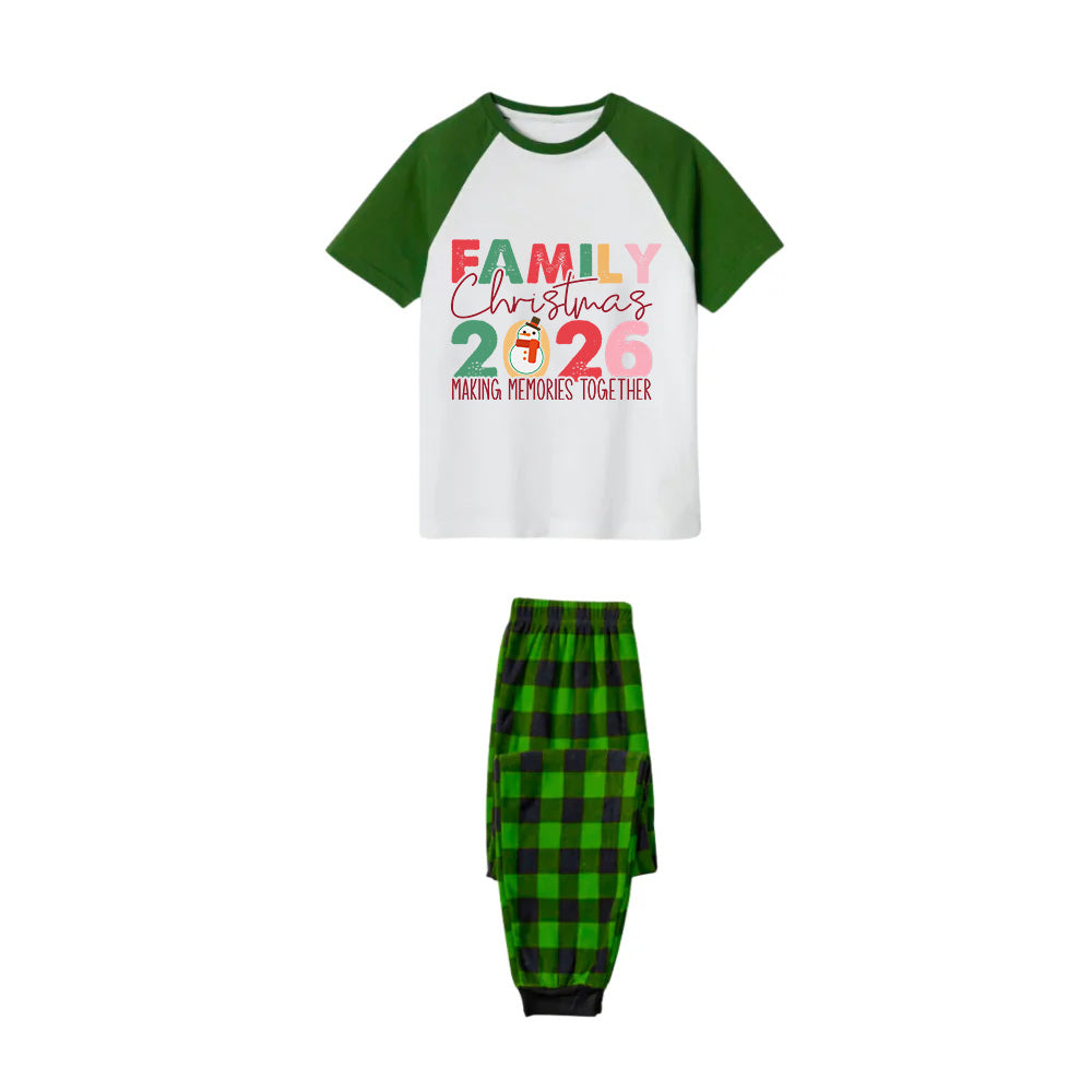 White Top Green Sleeves Green Plaid Pants Pajamas Set With Colorful Christmas Slogan Print