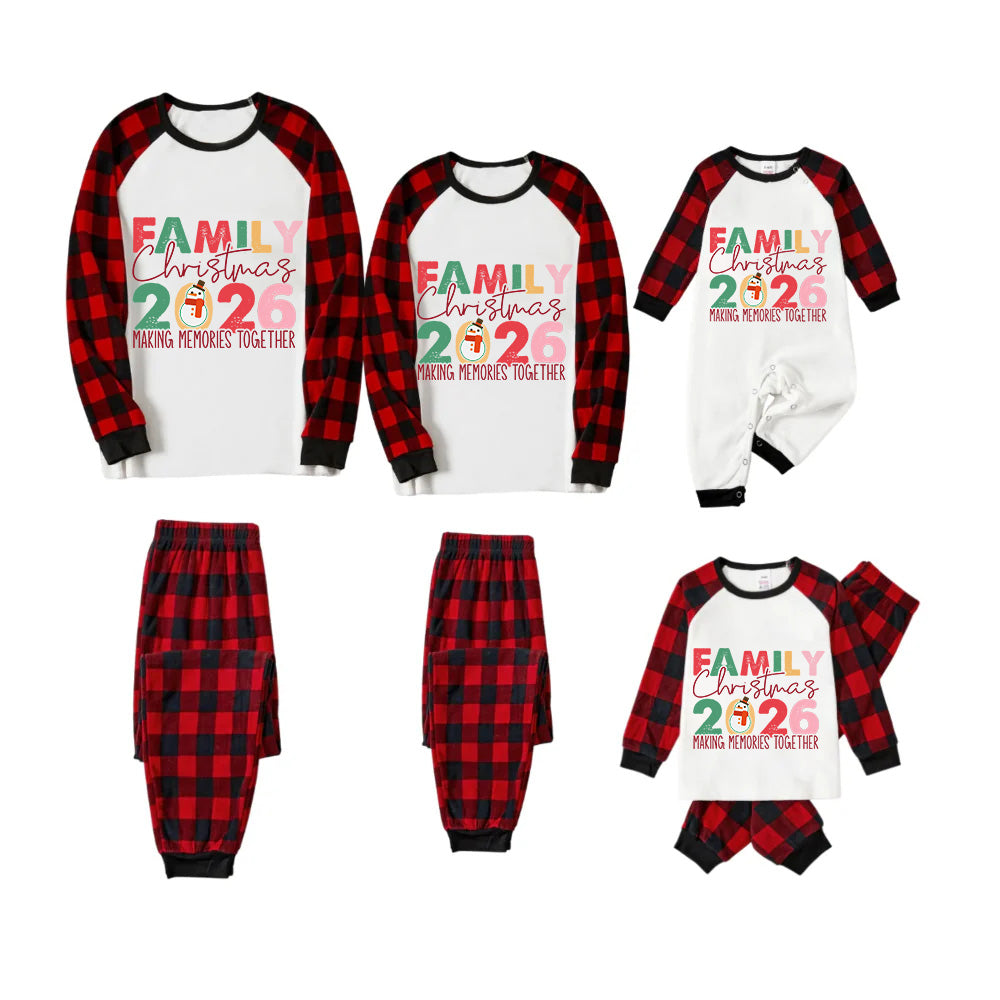 Red and Black Plaid Christmas Pajamas Set With Snowman and Family Christmas 2026 Text Print
