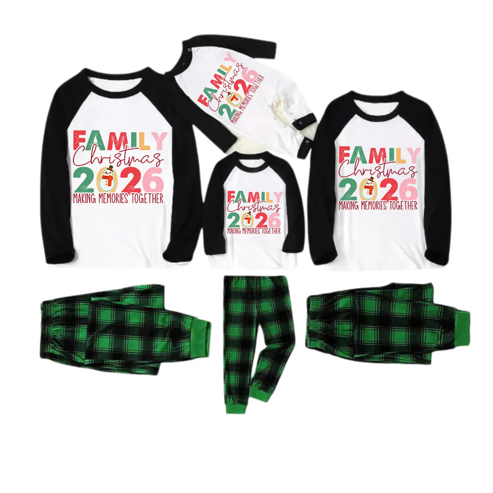 Black Raglan Top Green Plaid Christmas Pajamas Set With "Family Christmas 2026" Holiday Text Print