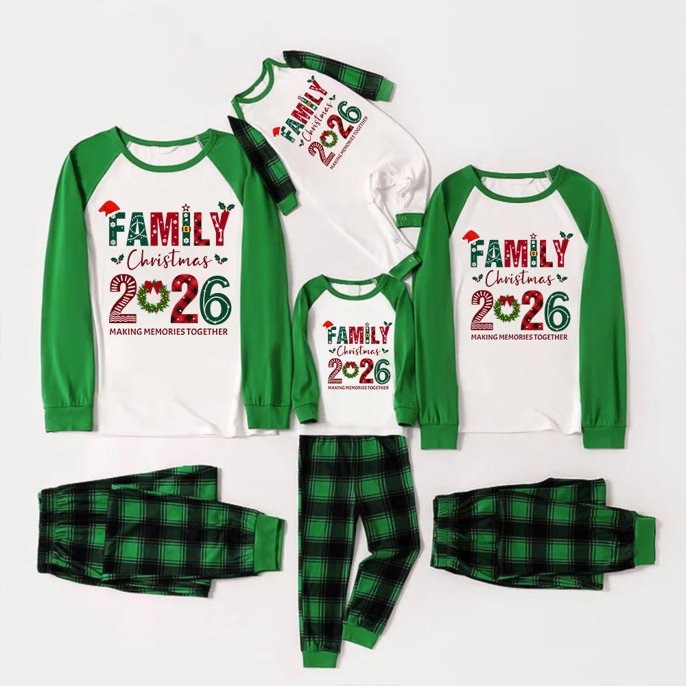 Green Raglan Top Green Plaid Christmas Pajamas Set With "FAMILY Christmas 2026" and Christmas Pattern Print