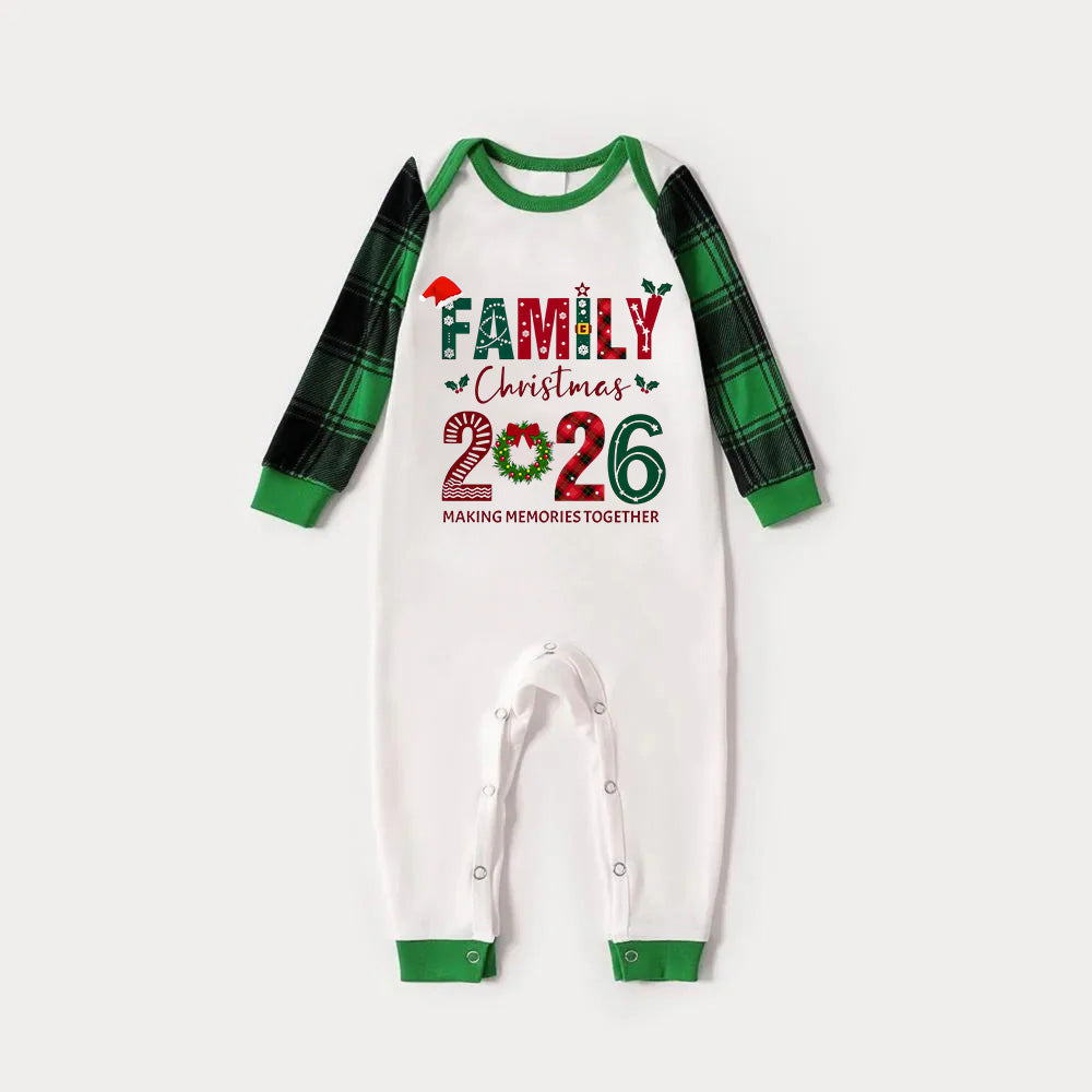 Green Raglan Top Green Plaid Christmas Pajamas Set With "FAMILY Christmas 2026" and Christmas Pattern Print