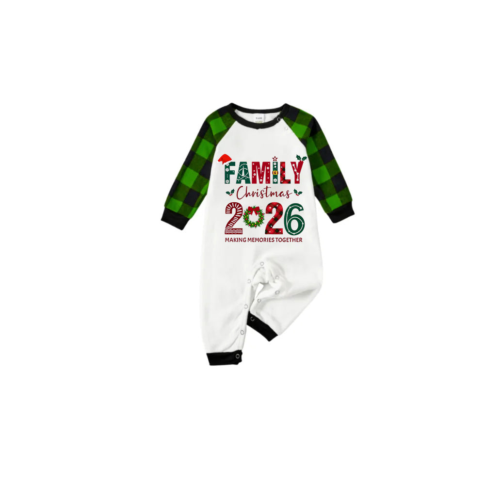 White Top Green Sleeves Green Plaid Pants Pajamas Set With "Family Christmas 2026" Text Print