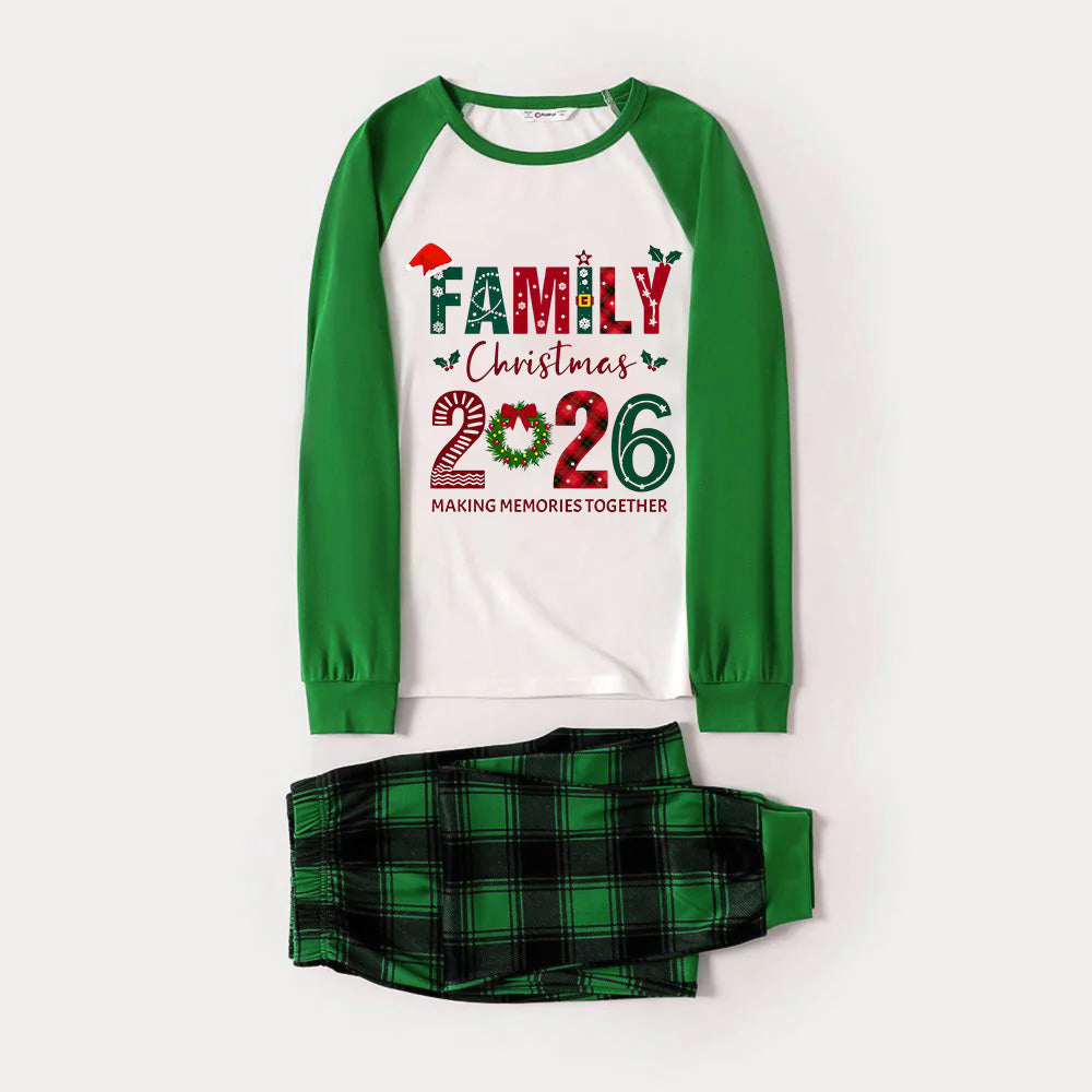 Green Raglan Top Green Plaid Christmas Pajamas Set With "FAMILY Christmas 2026" and Christmas Pattern Print