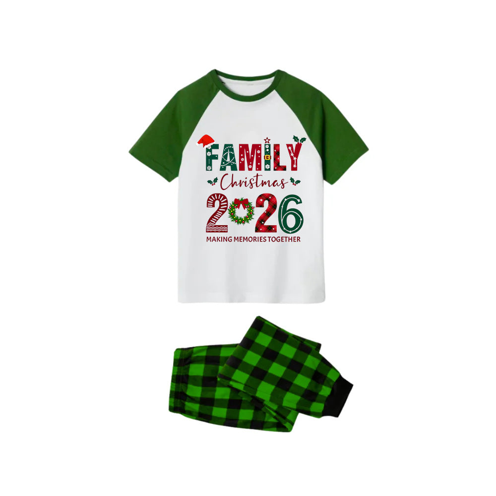White Top Green Sleeves Green Plaid Pants Pajamas Set With "Family Christmas 2026" Text Print