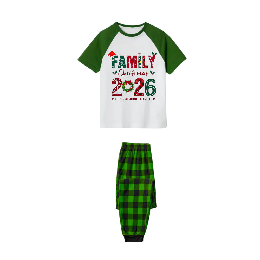 White Top Green Sleeves Green Plaid Pants Pajamas Set With "Family Christmas 2026" Text Print