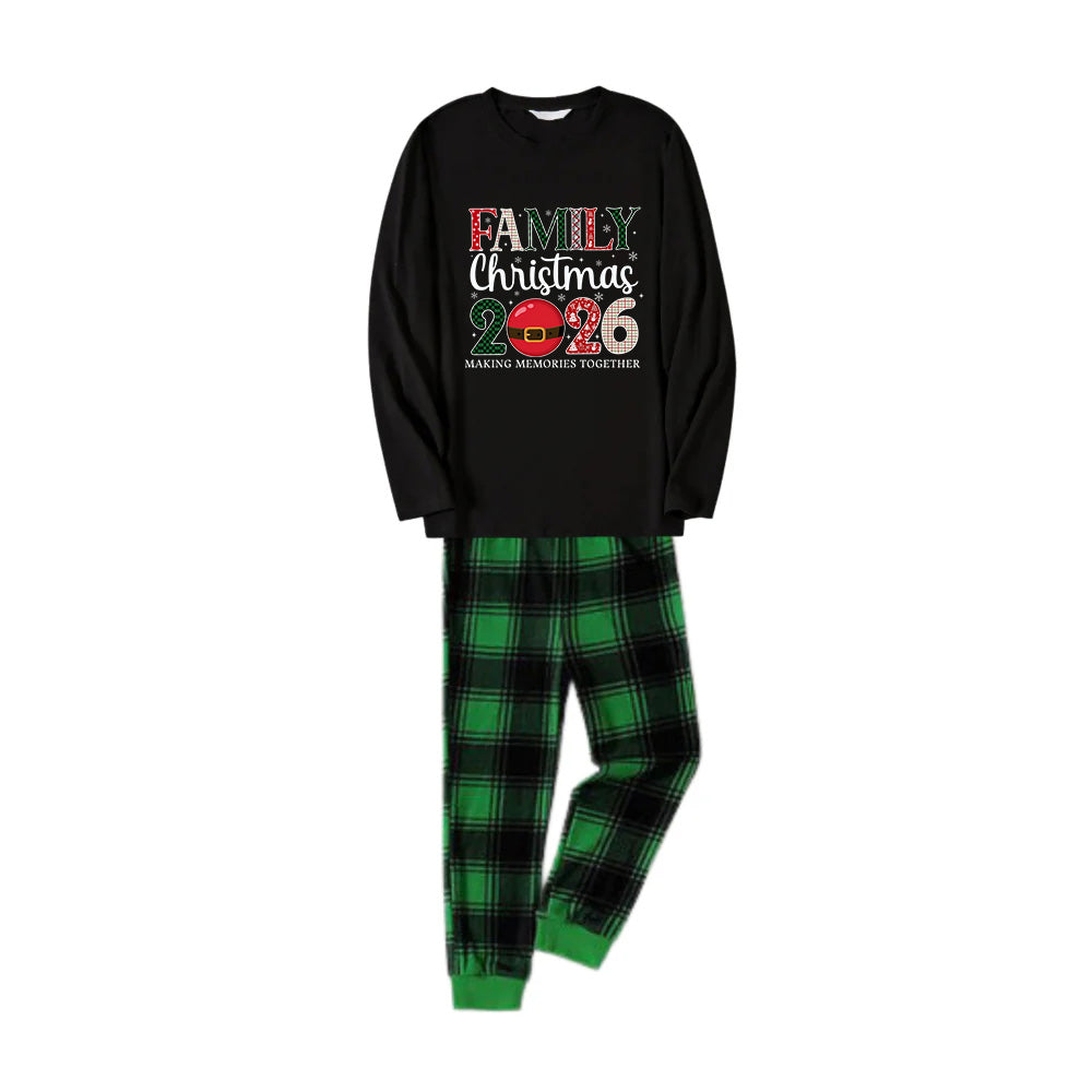 Christmas Family Matching Pajamas-Black Top and Green Plaid Pants Pjs Set with "Family Christmas 2026" Print