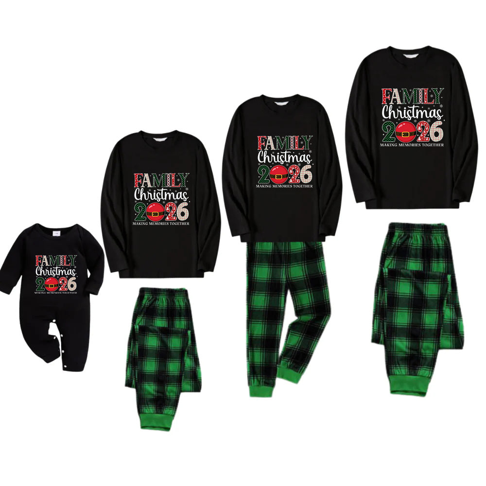 Christmas Family Matching Pajamas-Black Top and Green Plaid Pants Pjs Set with "Family Christmas 2026" Print