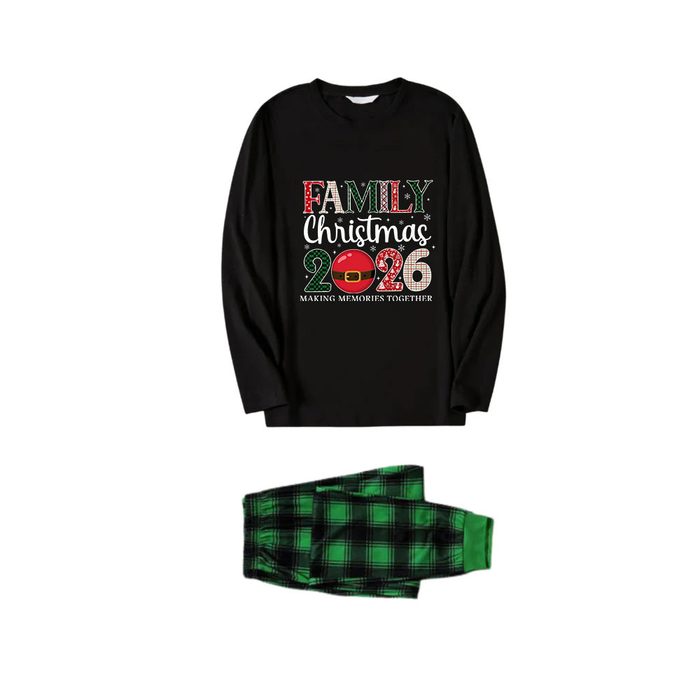 Christmas Family Matching Pajamas-Black Top and Green Plaid Pants Pjs Set with "Family Christmas 2026" Print