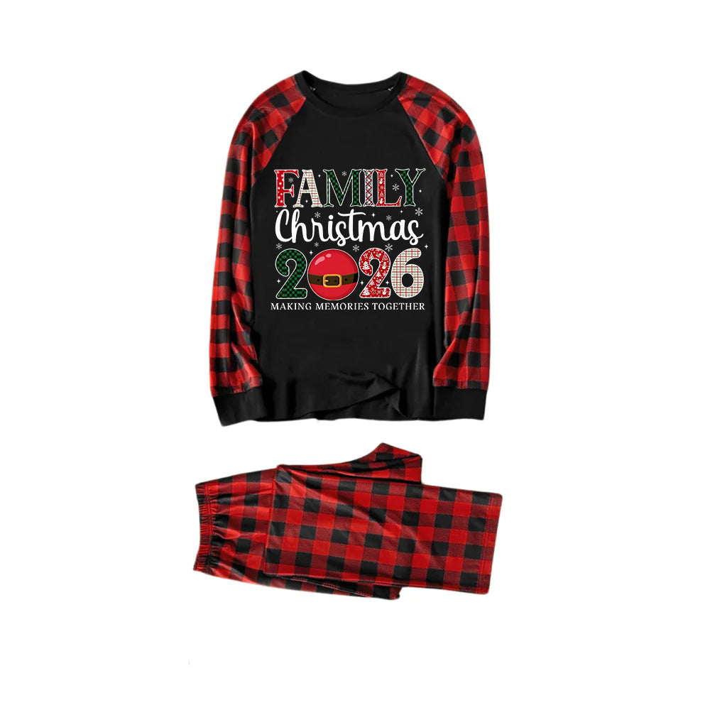 Red and Black Plaid Christmas Pajamas Set With Holiday Text Print