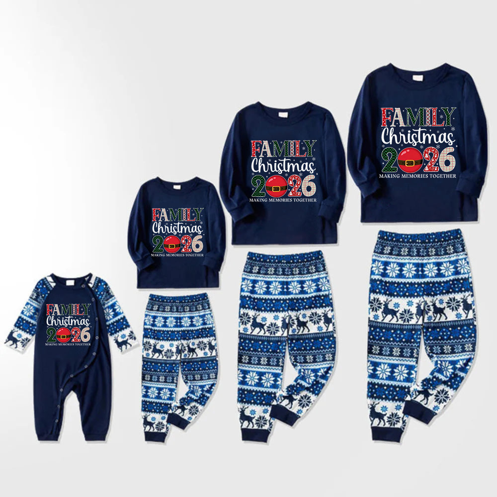 Joyful Blue Christmas Pajamas Set  With "Family Christmas 2026" Holiday Quotes
