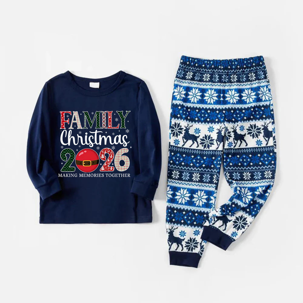Joyful Blue Christmas Pajamas Set  With "Family Christmas 2026" Holiday Quotes