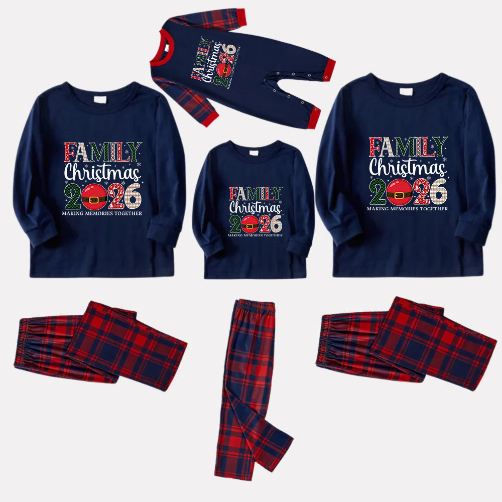Christmas Family Matching Pajamas-Navy & Red Plaid Pjs Set with "Family Christmas 2026" Artistic Font Print