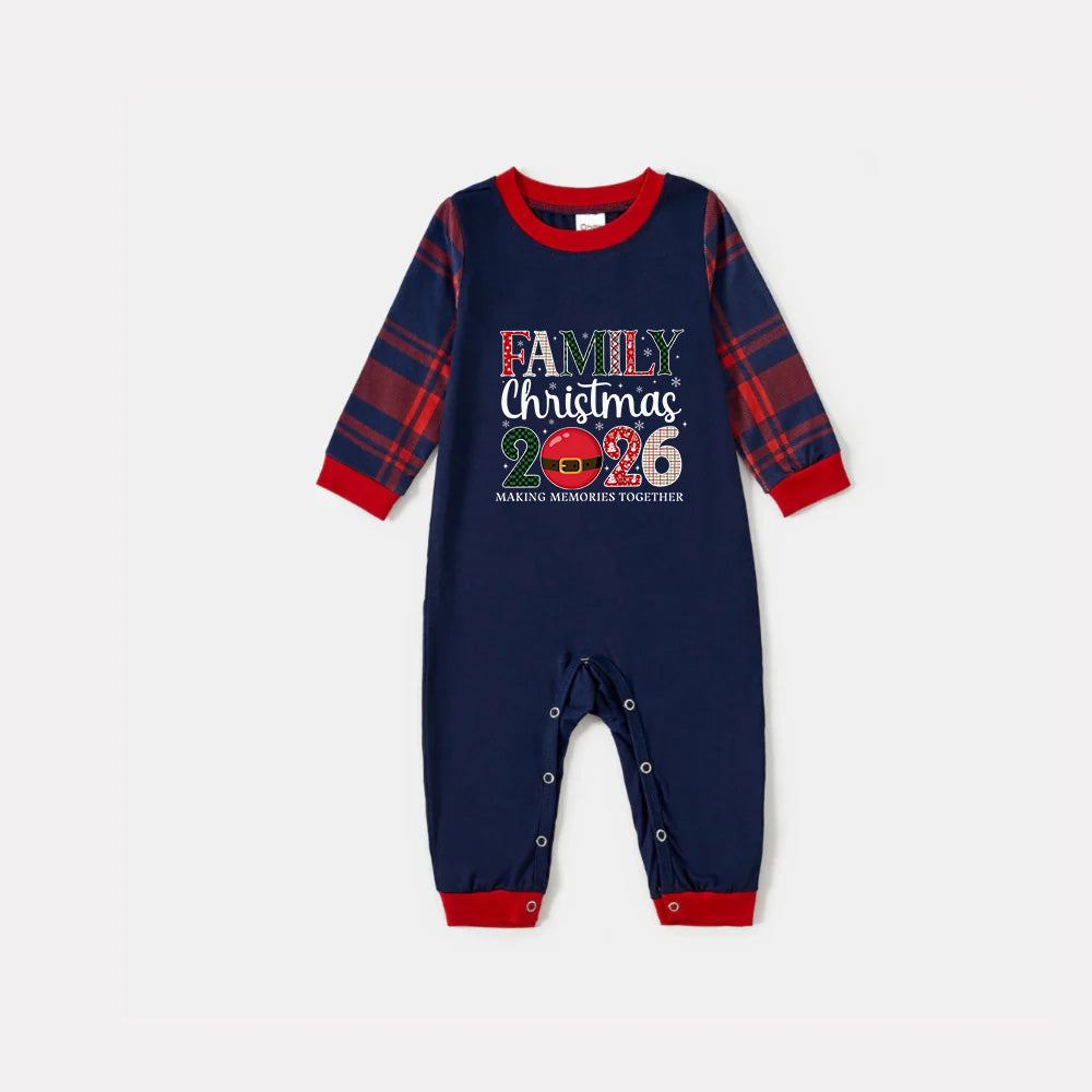 Christmas Family Matching Pajamas-Navy & Red Plaid Pjs Set with "Family Christmas 2026" Artistic Font Print