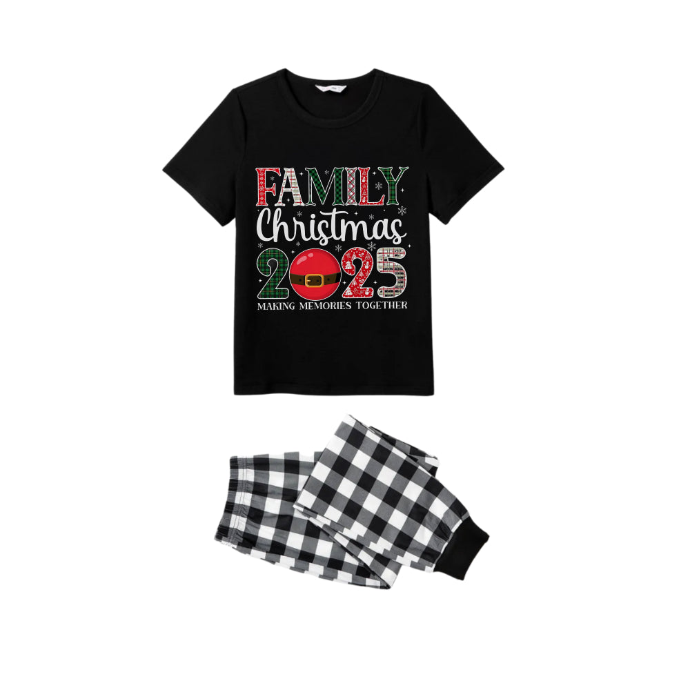 Black and White Plaid Short Sleeve Christmas Pajamas Set With Santa Motif Print